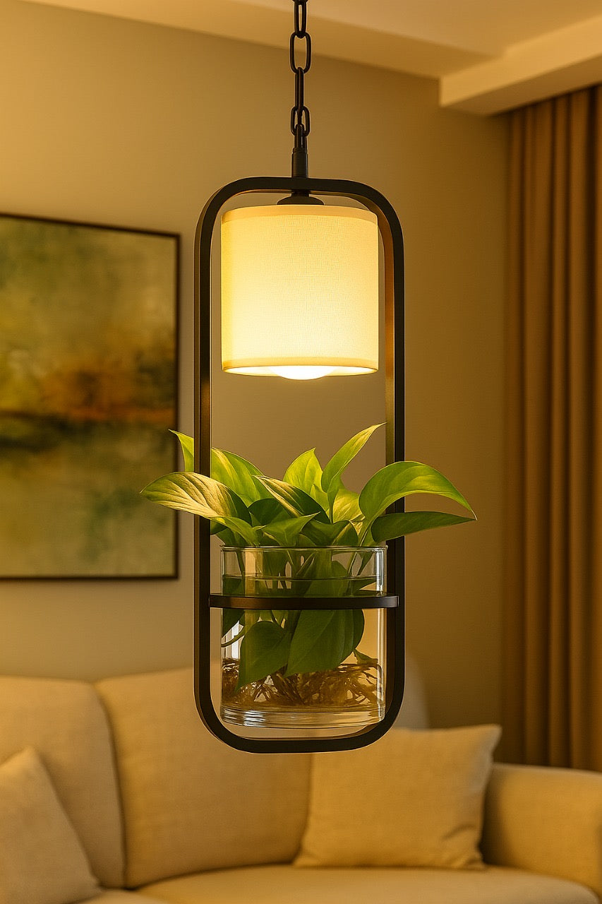 Hdc Modern Black Frame with Glass Planter and Fabric Shade Hanging Planter LED Pendant Light