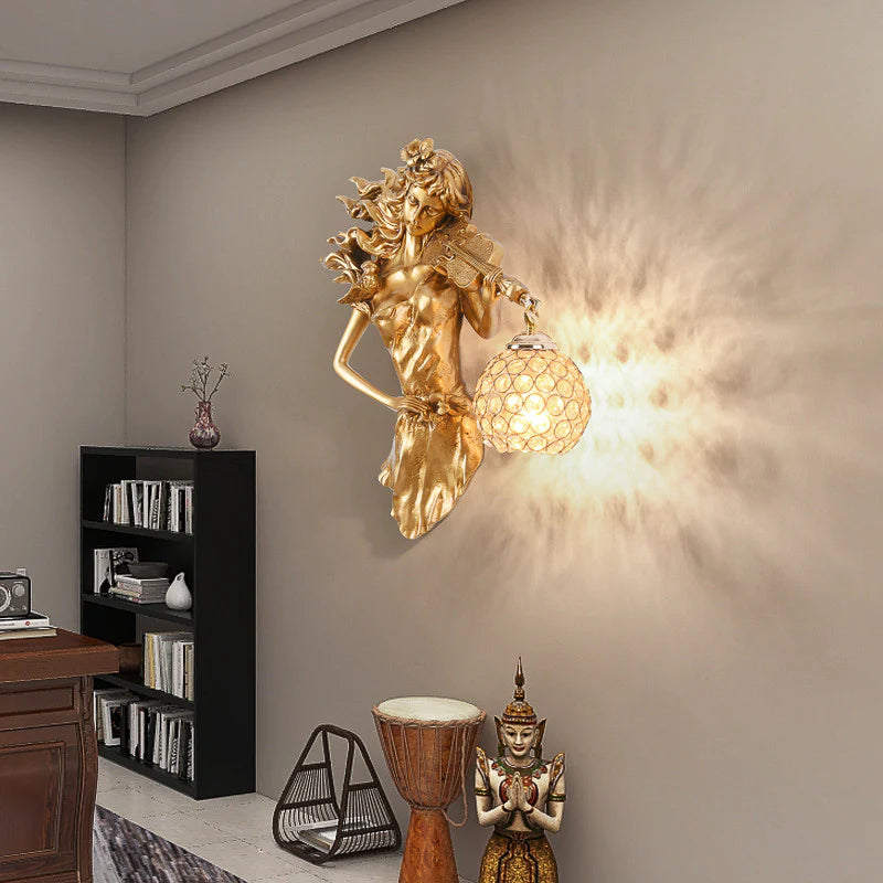 Hdc Violin Lady Wall Lamp Art Led European Creative Wall Lamp Bedroom Bedside Lamp - Gold