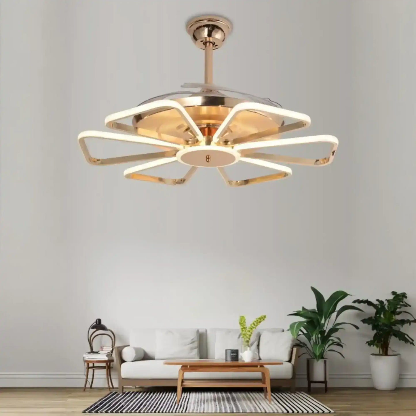 Hdc 52 inch 6 Petal Ceiling Fan Chandelier 52 Inch Gold Led 3 Color Setting Control With Remote