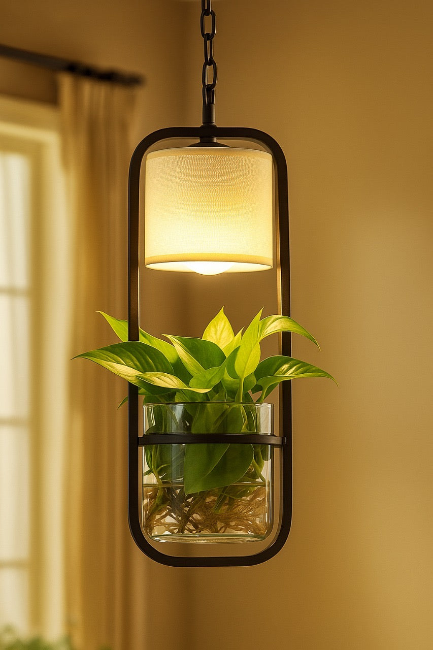 Hdc Modern Black Frame with Glass Planter and Fabric Shade Hanging Planter LED Pendant Light