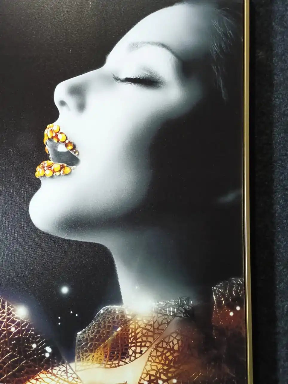 Hdc Golden Makeup Woman Lips with Gems Portraits Aesthetic Wall Art Poster for Living Room, Home & Wall Decor - HDC Lights