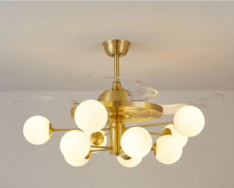 Hdc 10 Light Frost Glass Ceiling Fan Chandelier Gold Retractable Light Led 3 Color Setting Control With Remote - HDC Lights