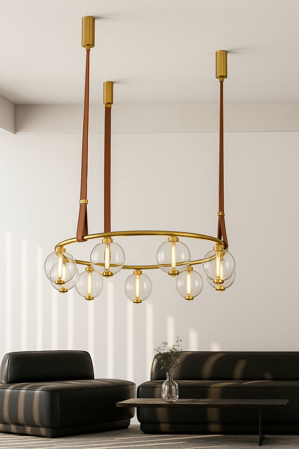 Hdc Modern Globe Leather Strap Suspension with Brass Ring Frame Chandelier