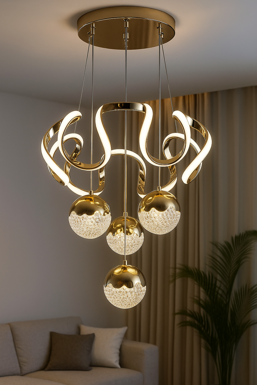 Hdc Gold Curvy 4 Lights Led Pendant Chandelier Light Luxury Ceiling Light- Tricolor