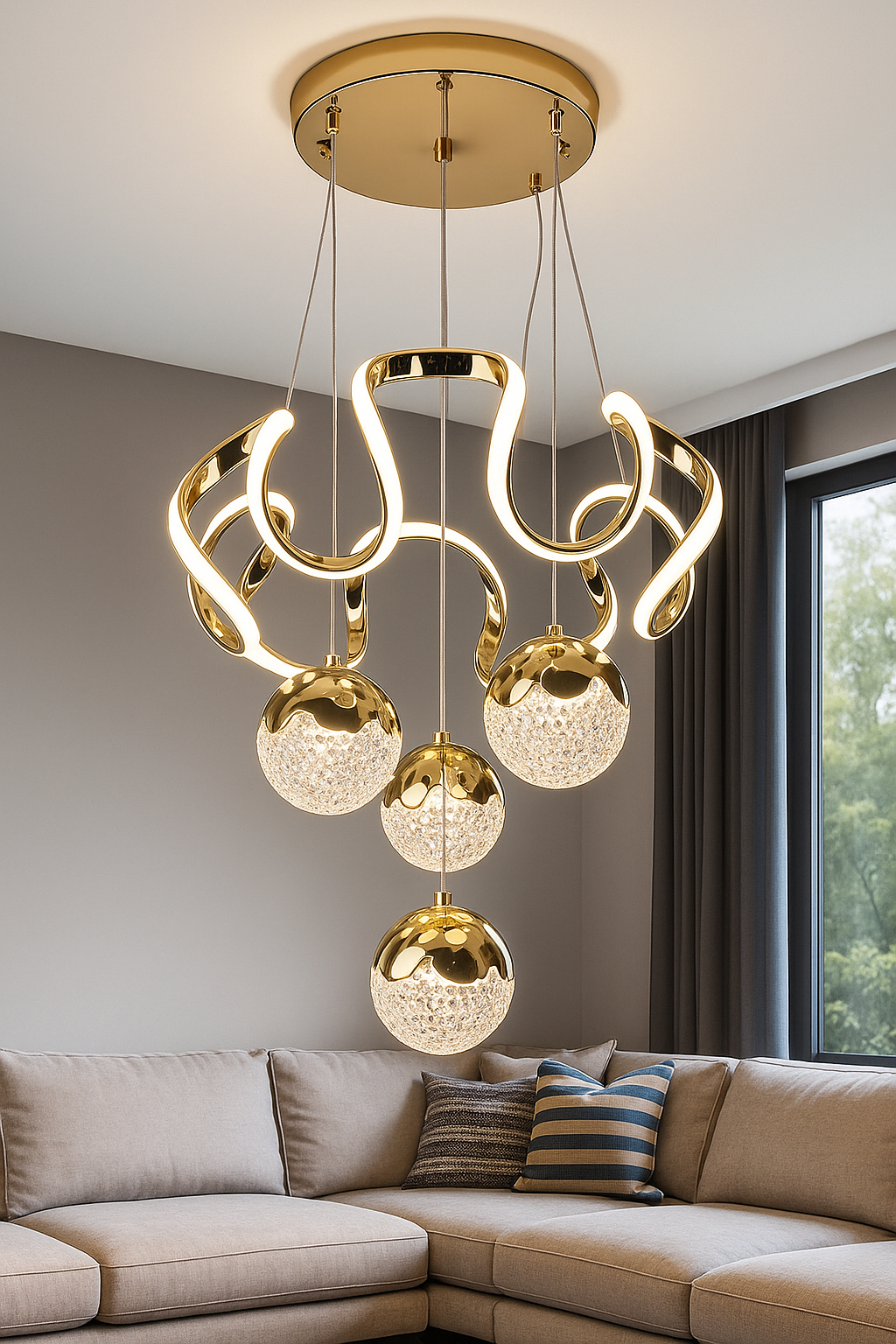 Hdc Gold Curvy 4 Lights Led Pendant Chandelier Light Luxury Ceiling Light- Tricolor