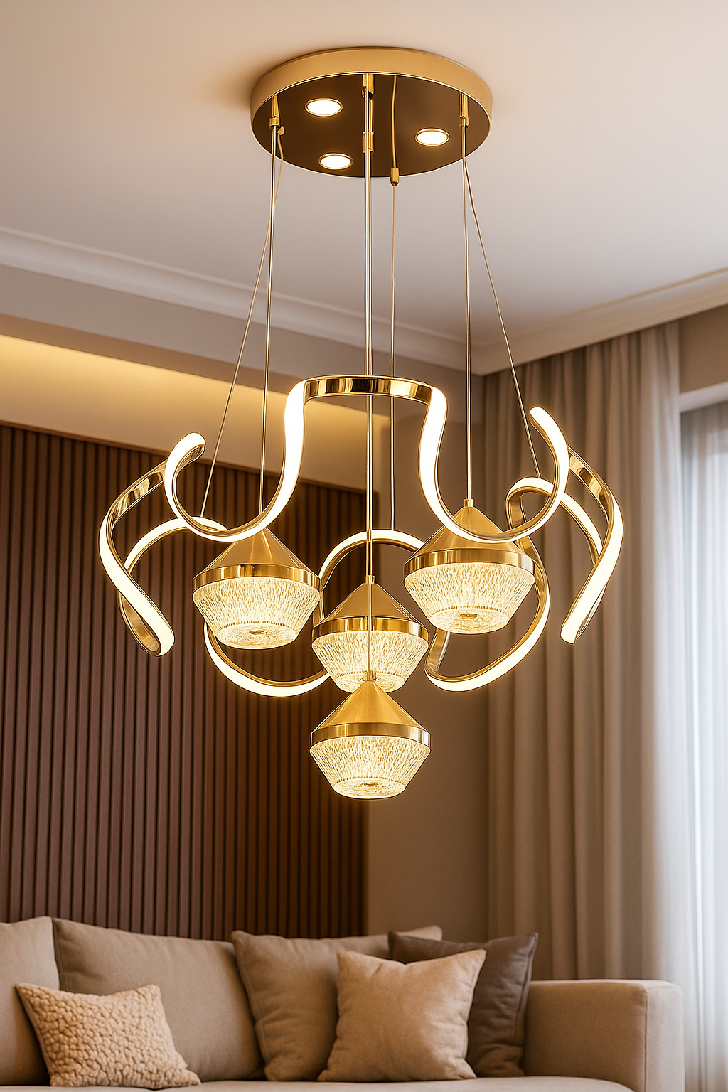 Hdc Gold Curvy 4 Lights Led Pendant Chandelier Light Luxury Ceiling Light- Tricolor