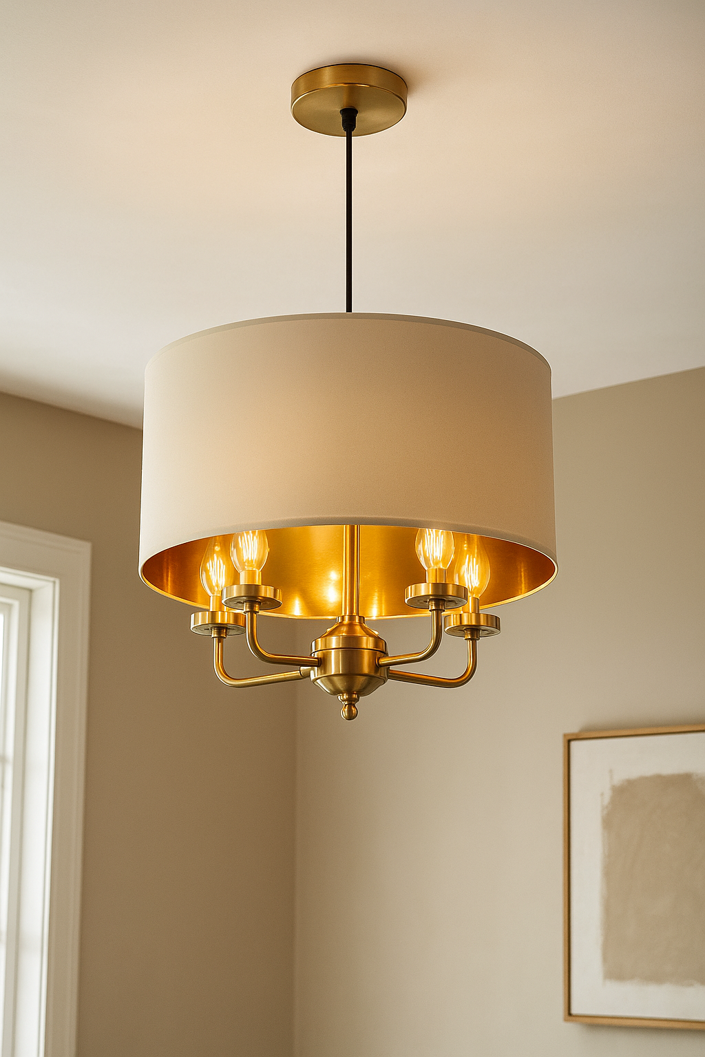 HDC Modern Drum Shade Ceiling Light with Gold Interior Elegant Pendant Chandelier for Living Room, Dining Room & Bedroom