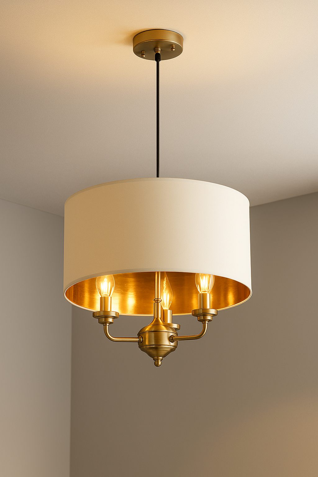 HDC Modern Drum Shade Ceiling Light with Gold Interior Elegant Pendant Chandelier for Living Room, Dining Room & Bedroom