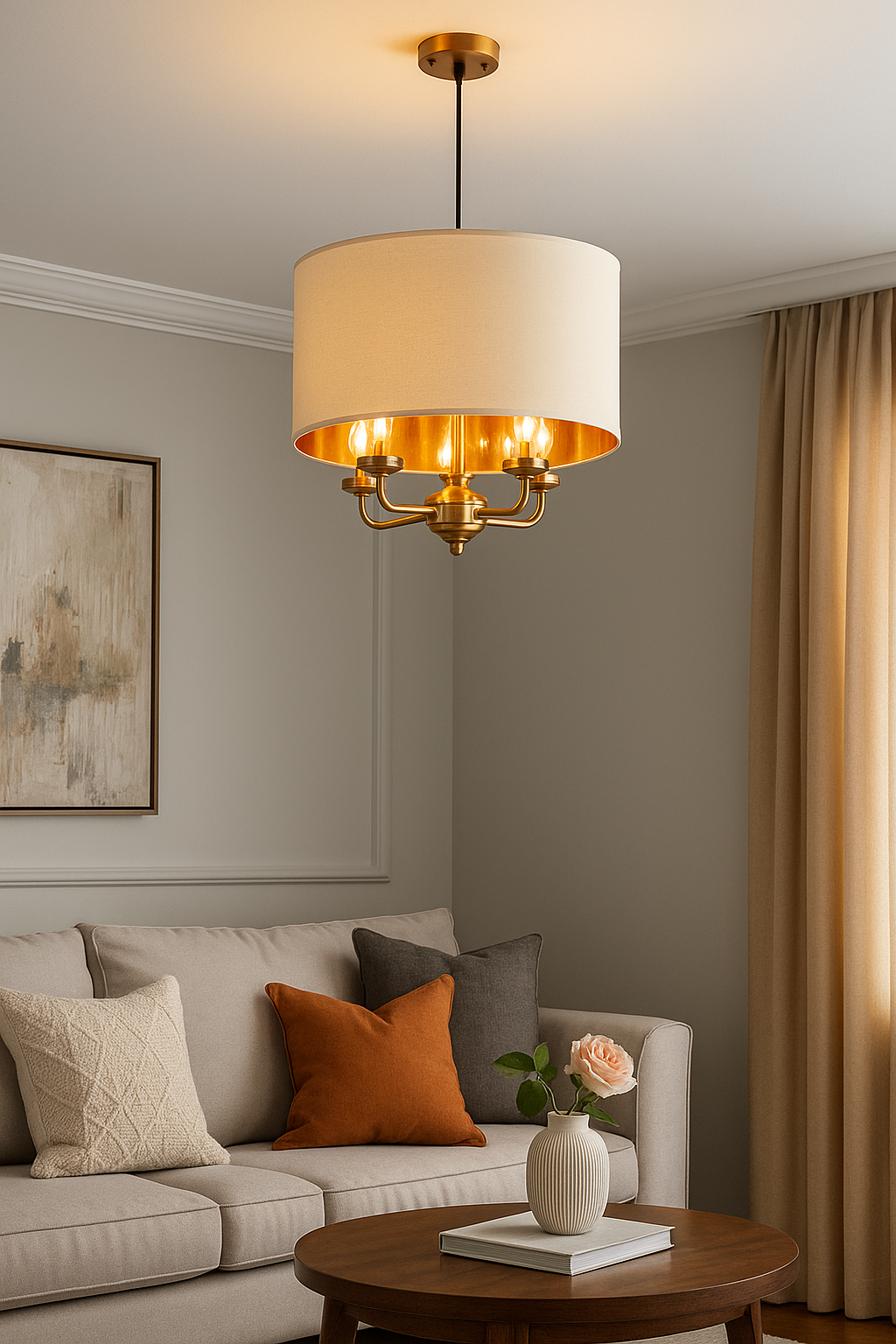 HDC Modern Drum Shade Ceiling Light with Gold Interior Elegant Pendant Chandelier for Living Room, Dining Room & Bedroom