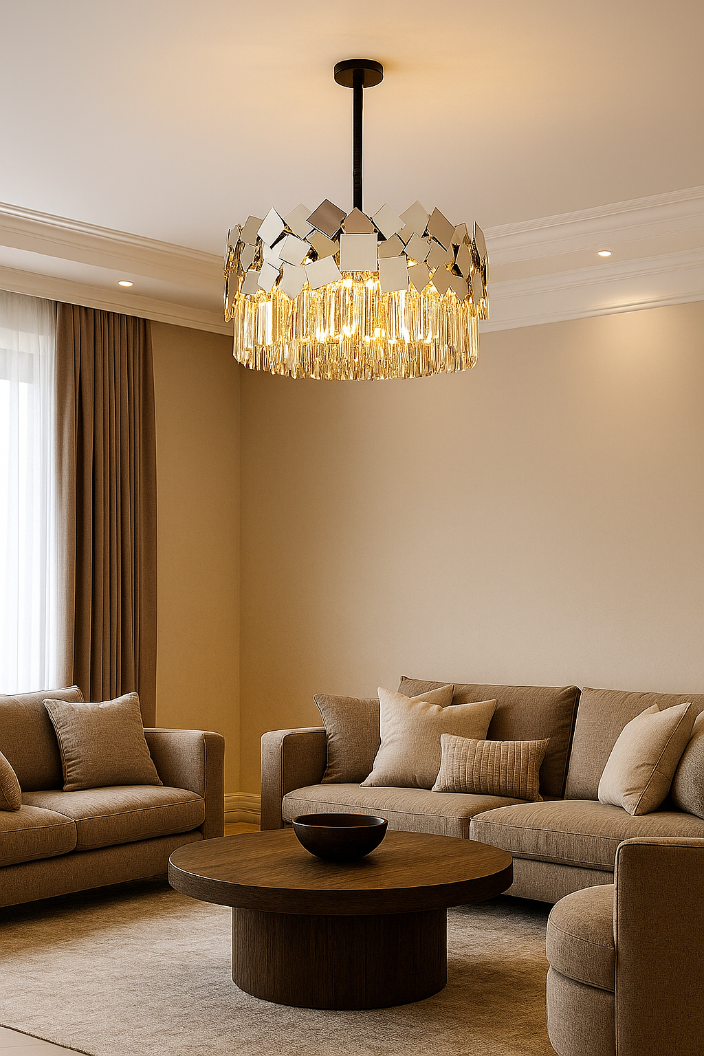 Hdc Geometric Crystal Chandelier Luxury Hanging Light with Reflective Mirror Accents for Living Room, Dining, or Foyer