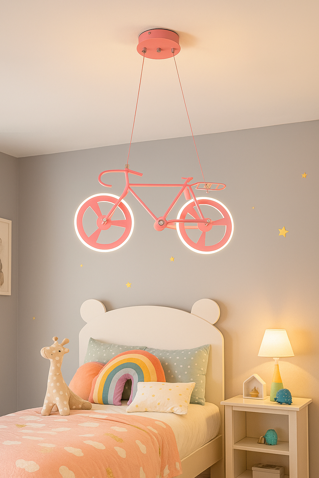 Hdc Kids Bicycle Ceiling Light Modern LED Hanging Pendant Fixture for Girls Bedroom | Creative Bike-Themed Light with Glowing Wheel Rings | Perfect for Playroom, Study Area, or Nursery