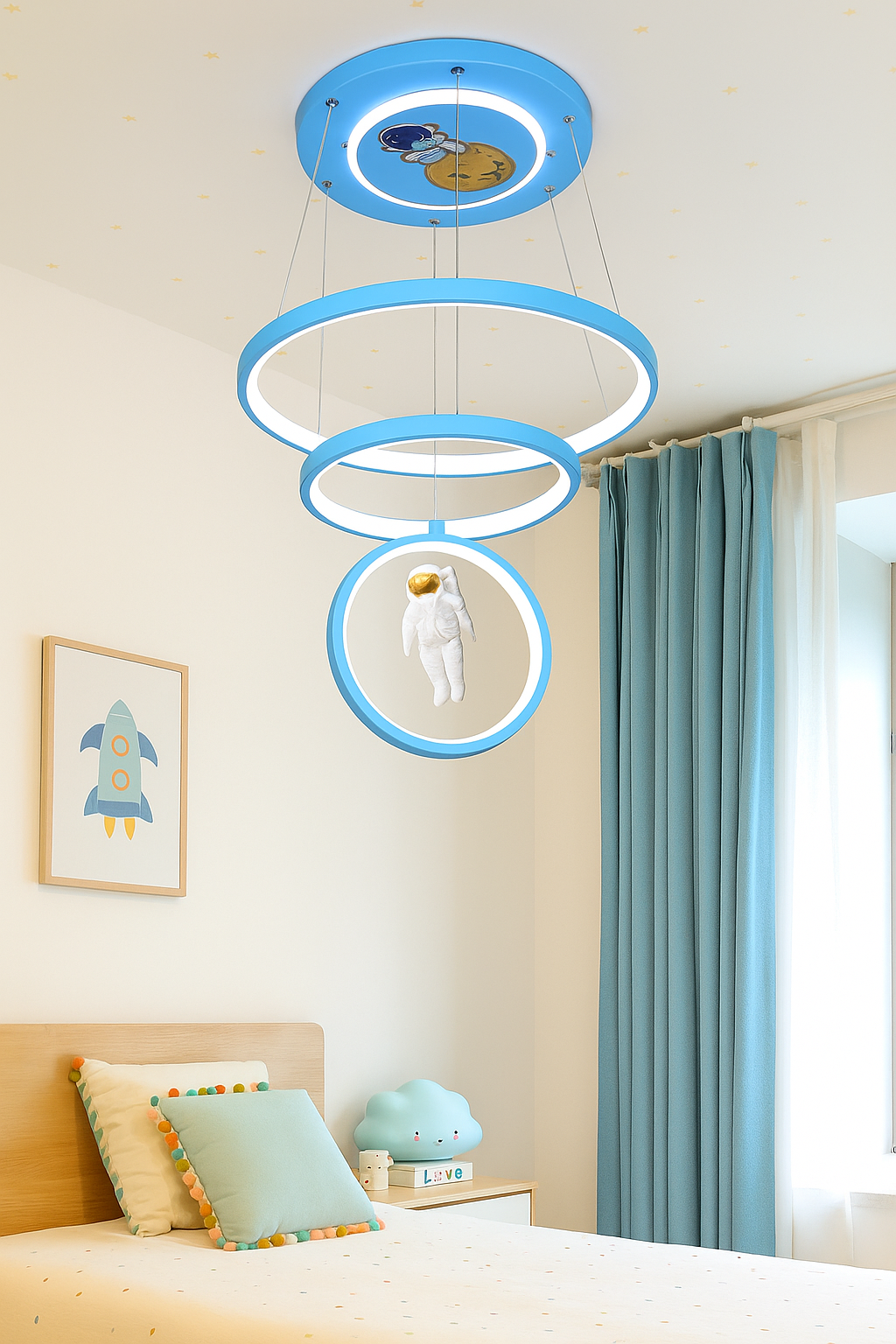 Hdc 3 Ring Blue Futuristic Astronaut Ring Ceiling Light – Space-Themed LED Pendant for Kids Room