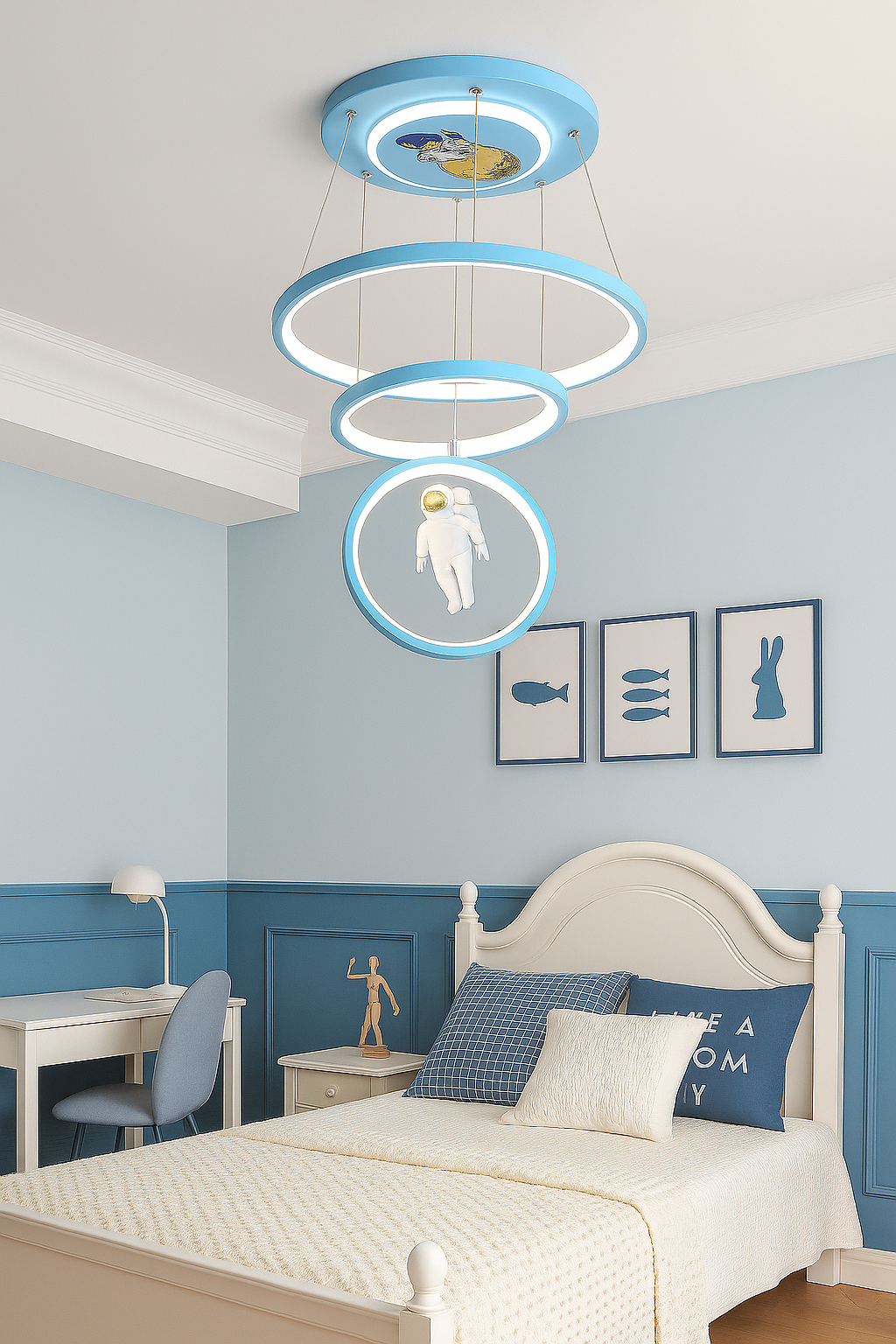 Hdc 3 Ring Blue Futuristic Astronaut Ring Ceiling Light – Space-Themed LED Pendant for Kids Room