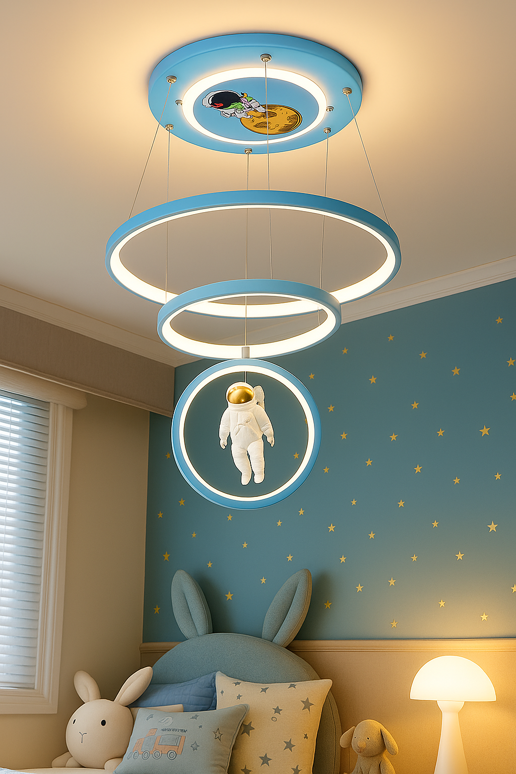 Hdc 3 Ring Blue Futuristic Astronaut Ring Ceiling Light – Space-Themed LED Pendant for Kids Room
