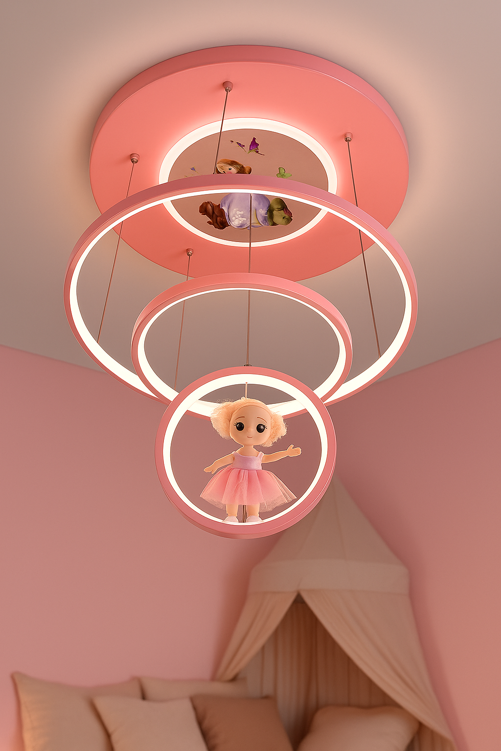 Hdc Pink Princess Doll Ring Ceiling Light – LED Pendant Lamp for Kids Room, Nursery & Playroom (3 Ring Design)
