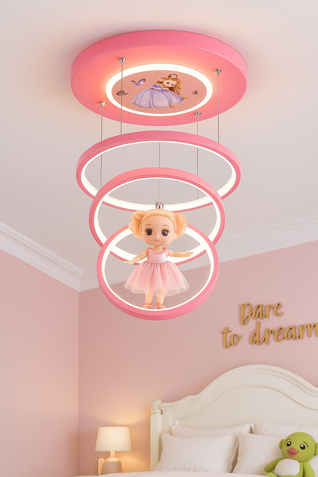 Hdc Pink Princess Doll Ring Ceiling Light – LED Pendant Lamp for Kids Room, Nursery & Playroom (3 Ring Design)