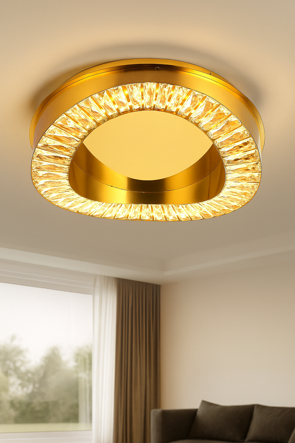 HDC Luxury Crystal Rim LED Ceiling Light – Modern Gold Flush Mount for Living Rooms, Bedrooms & Hallways