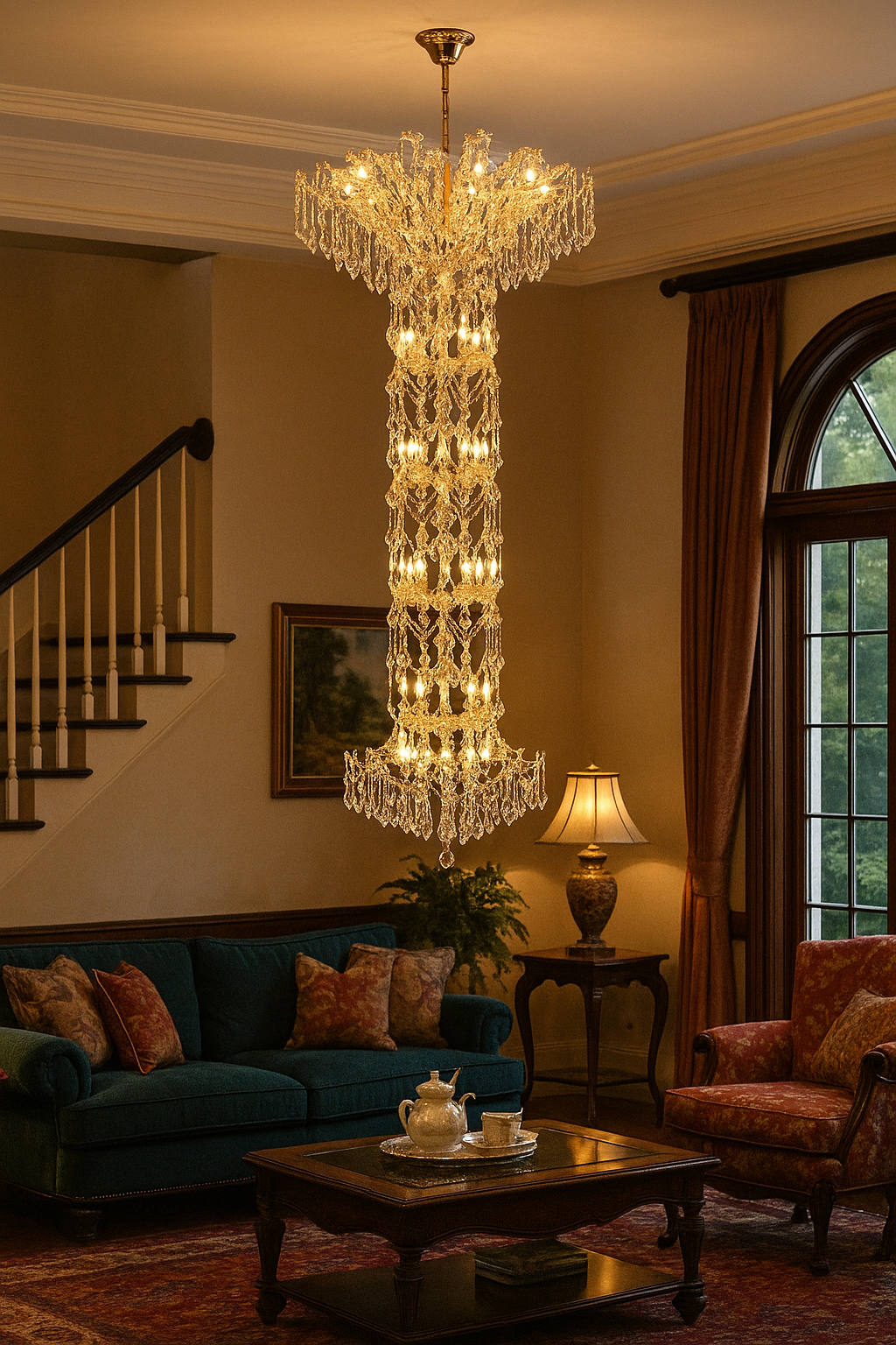 HDC 64 Lights Regal Cascade Crystal Tower Double Height Italian Chandelier