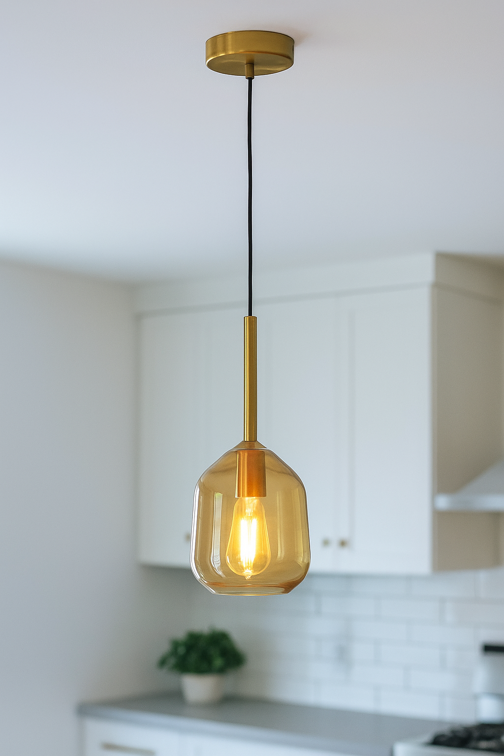 HDC Modern Amber Glass Pendant Light with Gold Accents For Living Room