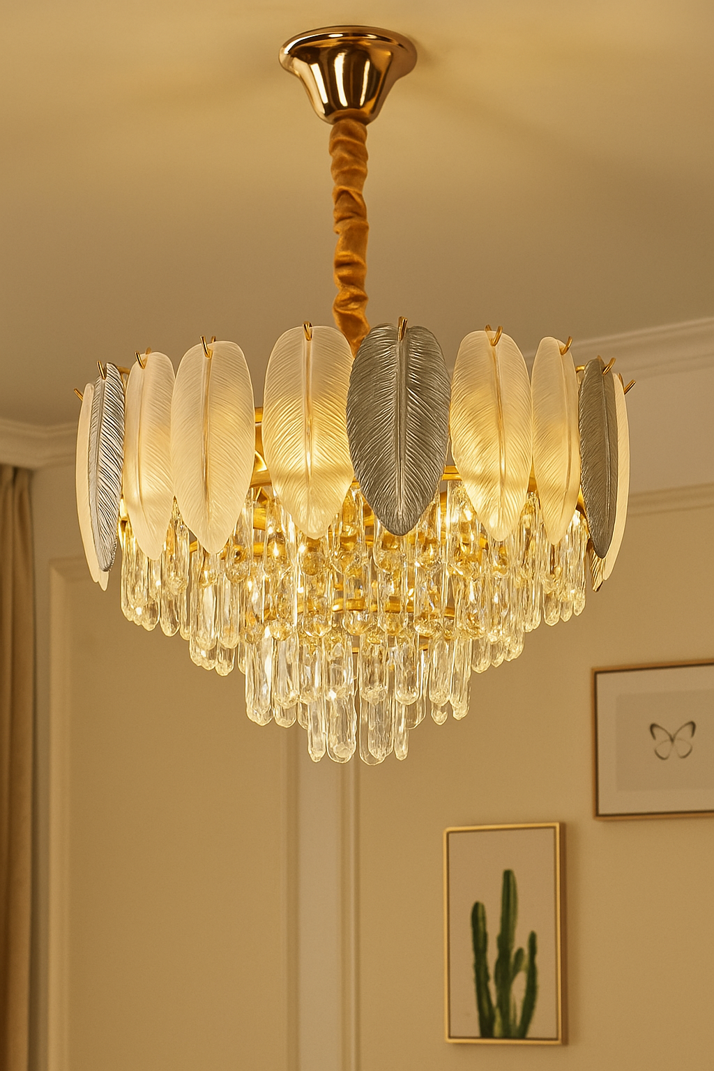 Hdc Feather Glass Crystal Gold Metal Led Chandelier Hanging Suspension Lamp - Tricolor