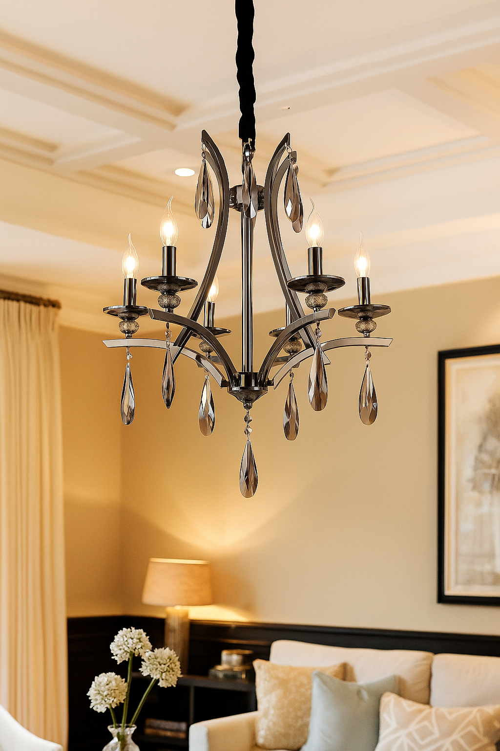 HDC 6-Light Elegant Pearl Black Crystal Chandelier – Luxe Curved Arm Design