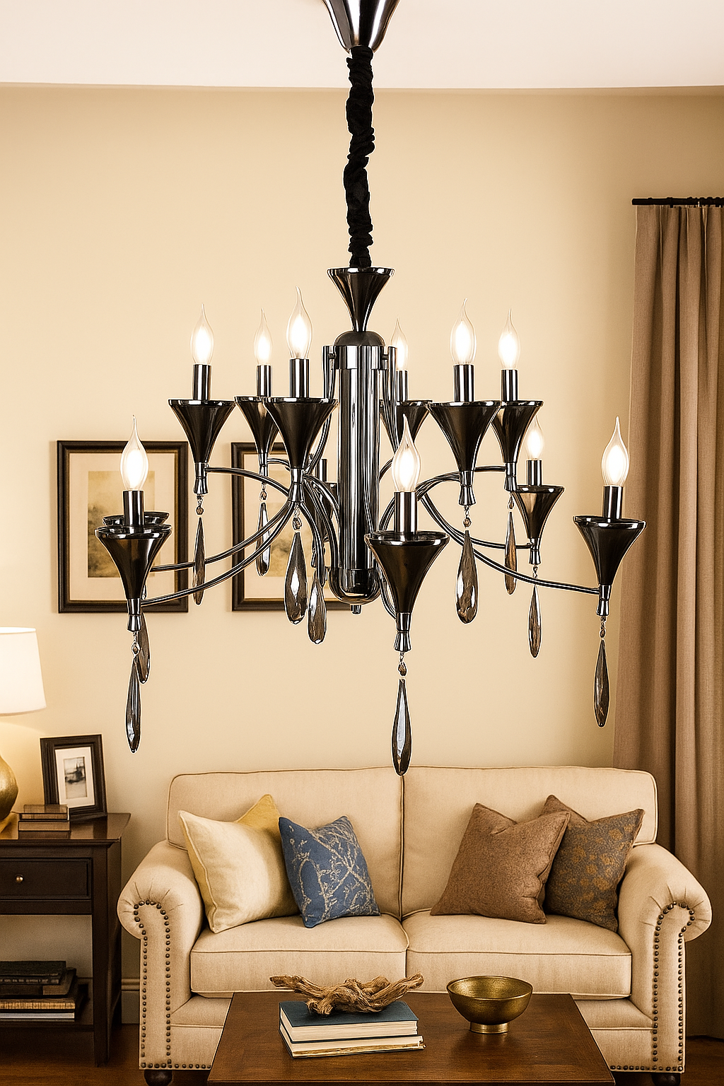 HDC 12-Light Elegant Pearl Black & Smoke Grey Crystal Chandelier For Living Room