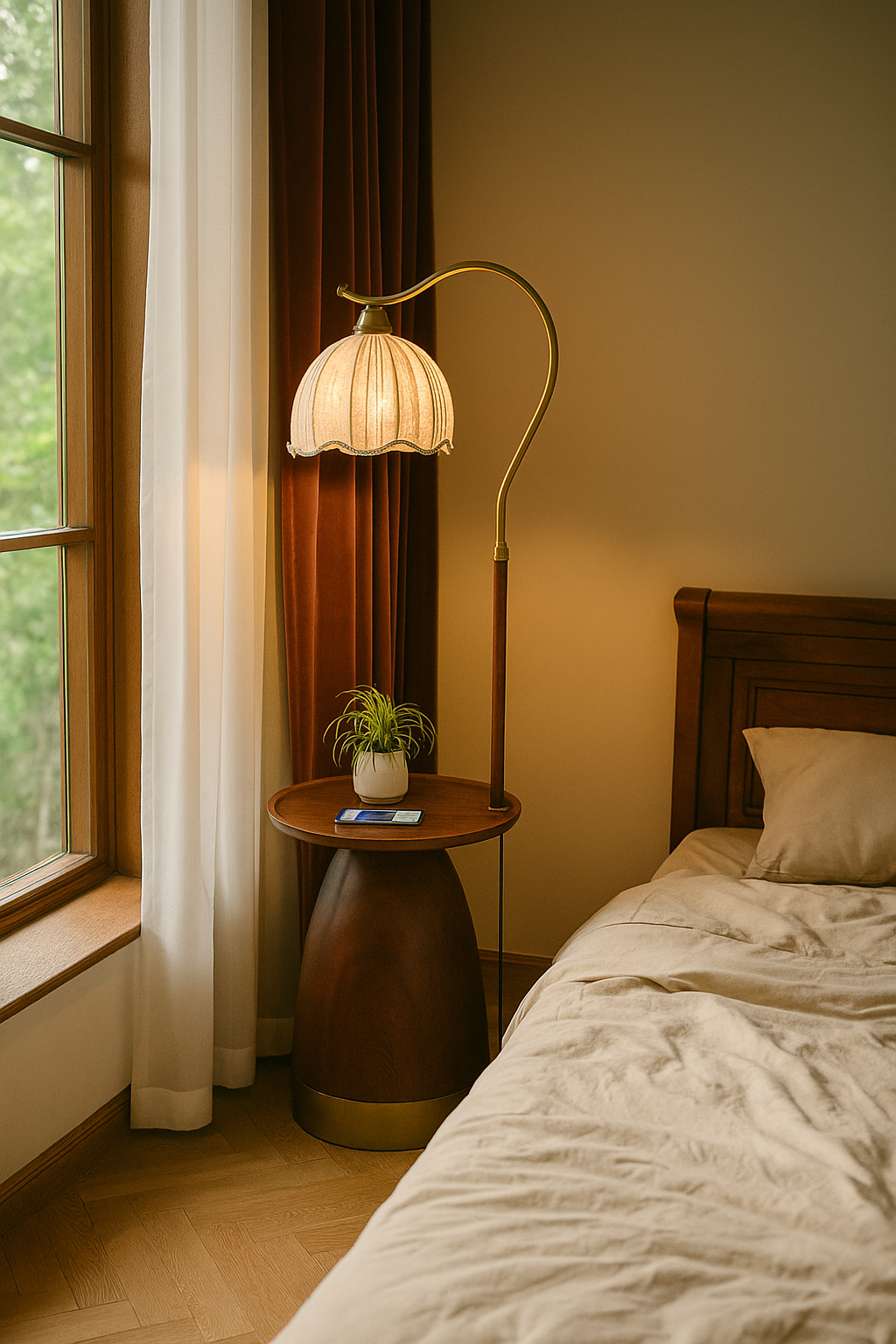 HDC Luxe Curve USB-Integrated Vintage Floor Lamp with Built-In Side Table