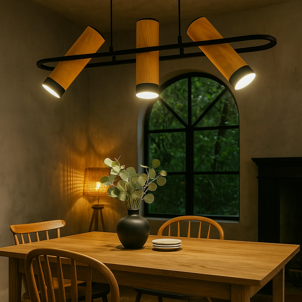 HDC 3-Lights Modern Wooden Cylinder Pendant Chandelier Linear Hanging Lamp For Dining Table, Living Room & Restaurants