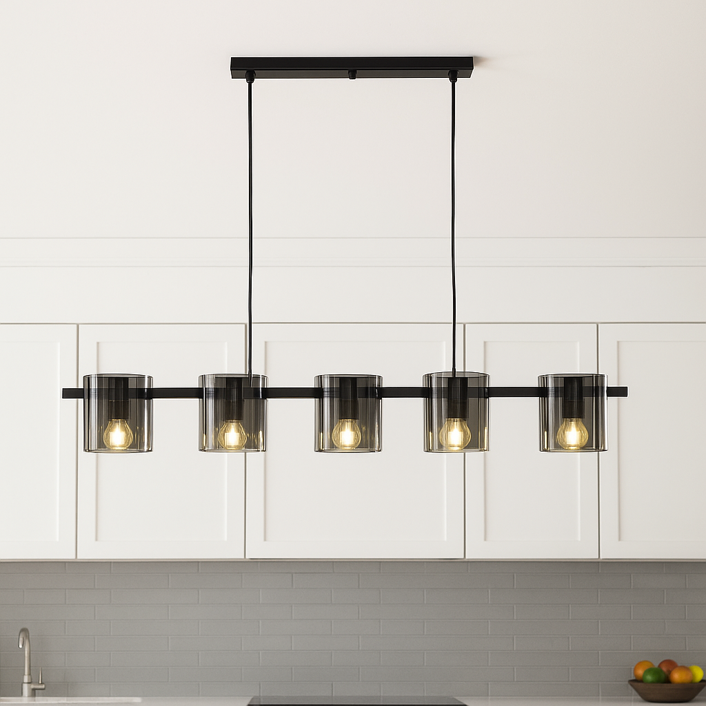 HDC Modern 5-Light Black Metal with Smoked Glass Linear Pendant Chandelier For Dining Table, Kitchen Island & Living Room
