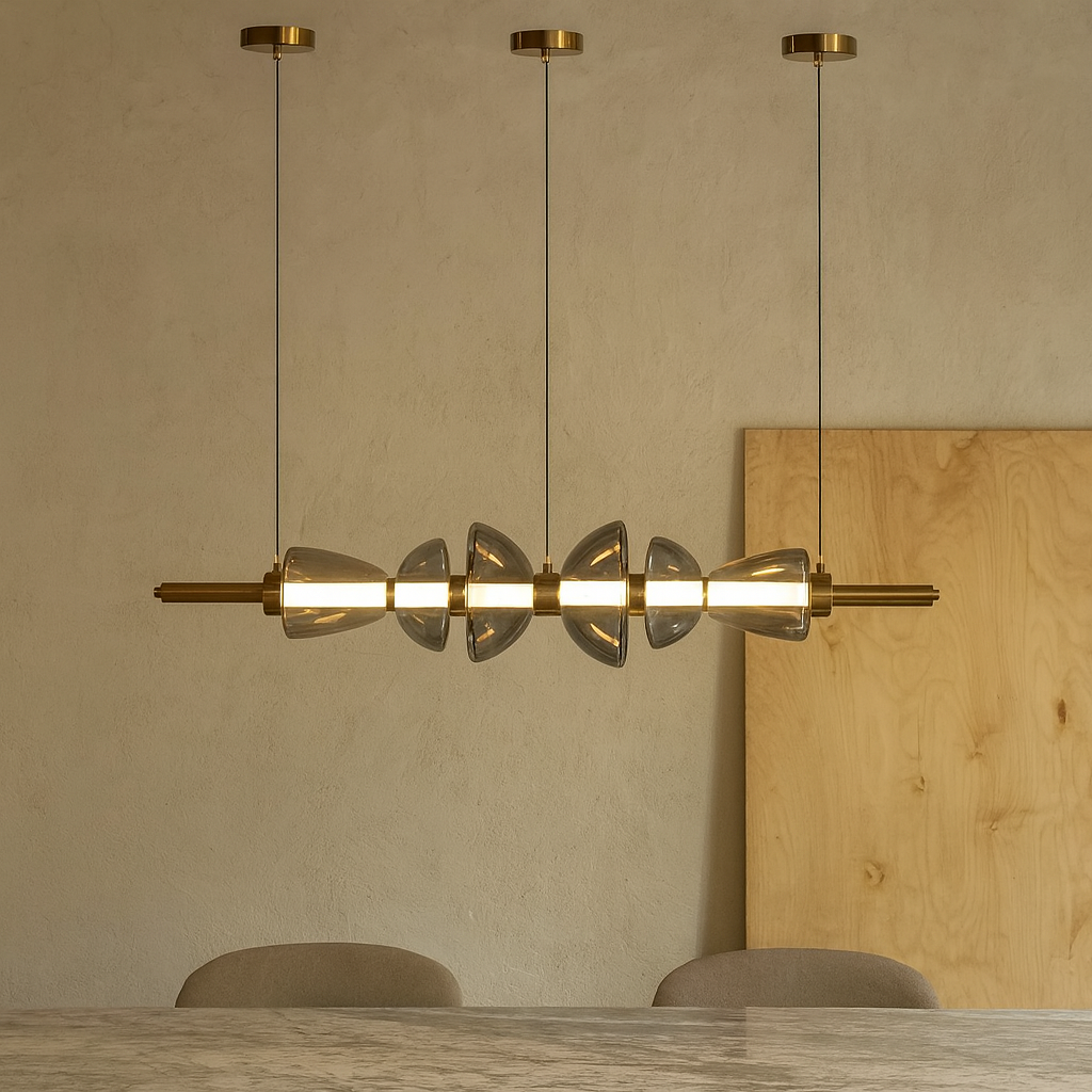 HDC Modern Gold-Finish Amber/Smoke Linear Glass Pendant Light for Dining Table, Kitchen Island & Living Spaces
