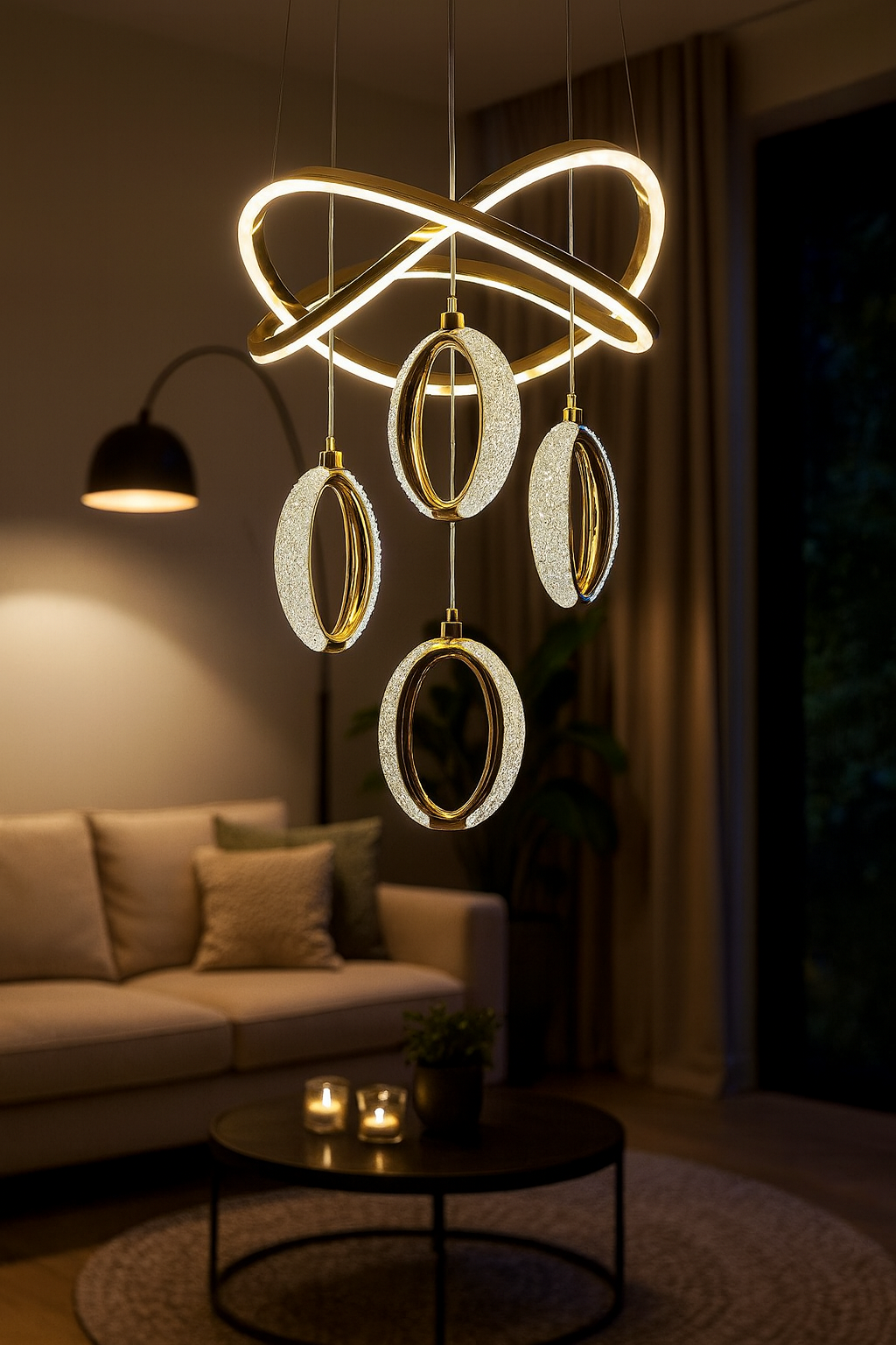 HDC 4-Ring Infinity Crystal Oval LED Hanging Light For Dining, Living Room