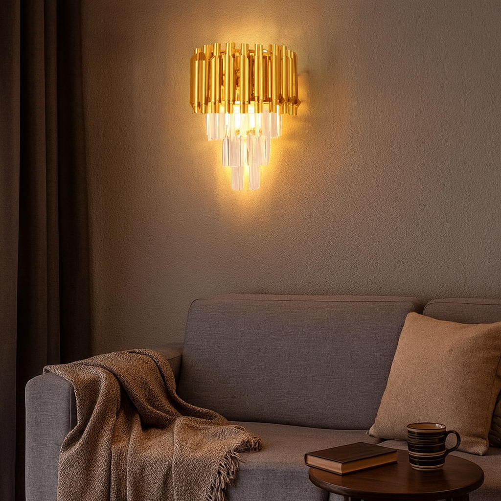 HDC Gold Finish Crystal LED Wall Light for Living Room & Bedroom- Tricolor