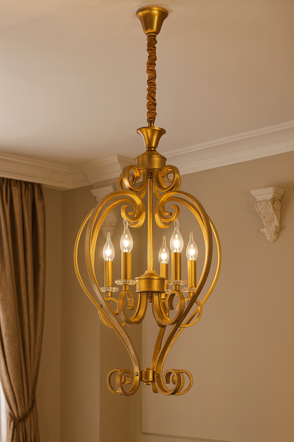 HDC 5-Light Imperial Gold Vintage Cage Chandelier For Bedrooms, Hallways & Living Rooms