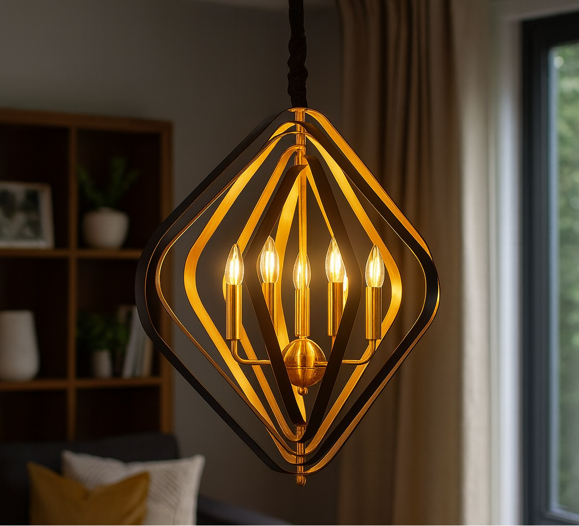 HDC Modern Geometric 6-Light Gold & Black Sculpted Metal Frame Chandelier For Living Room, Dining & Foyer