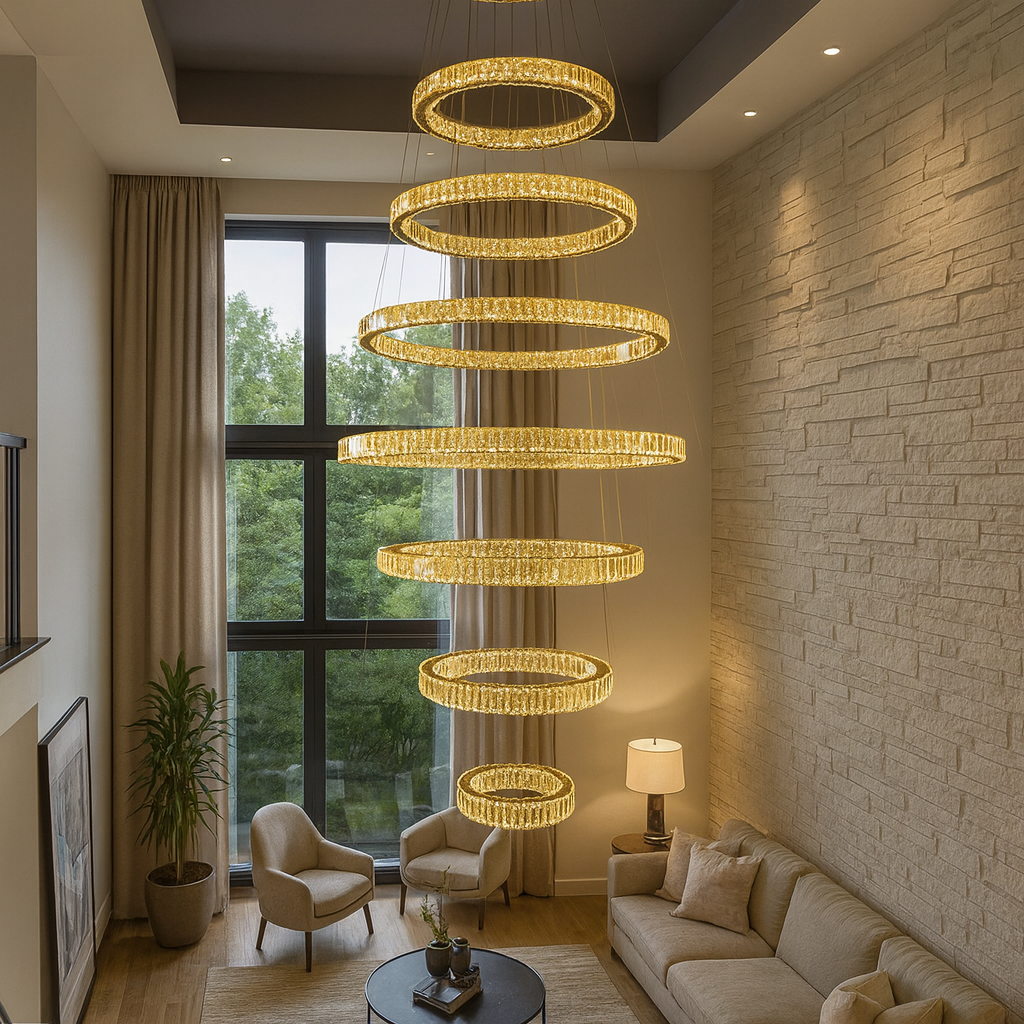 HDC Luxury Multi-Ring Crystal Chandelier with Amber Crystals & Gold Finish Adjustable Suspension Double Height Staircase Chandelier