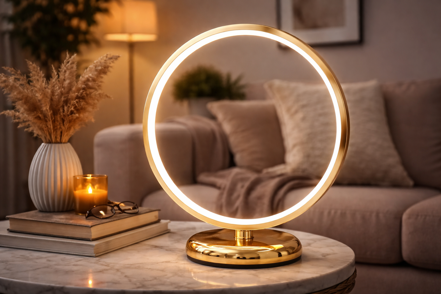 HDC Modern Gold Ring LED Minimal Circular Designer Table Light for Bedroom, Living Room & Side Table