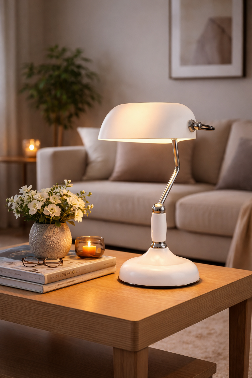 HDC White Finish Antique Design Metal Table Lamp with Adjustable Arm & Dome Shade