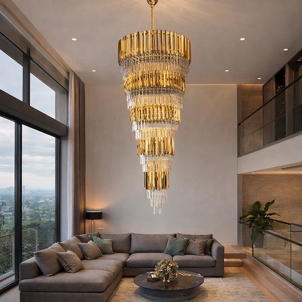 HDC 2000mm Gold Finish Luxe Cascade Crystal Double Height Staircase Chandelier