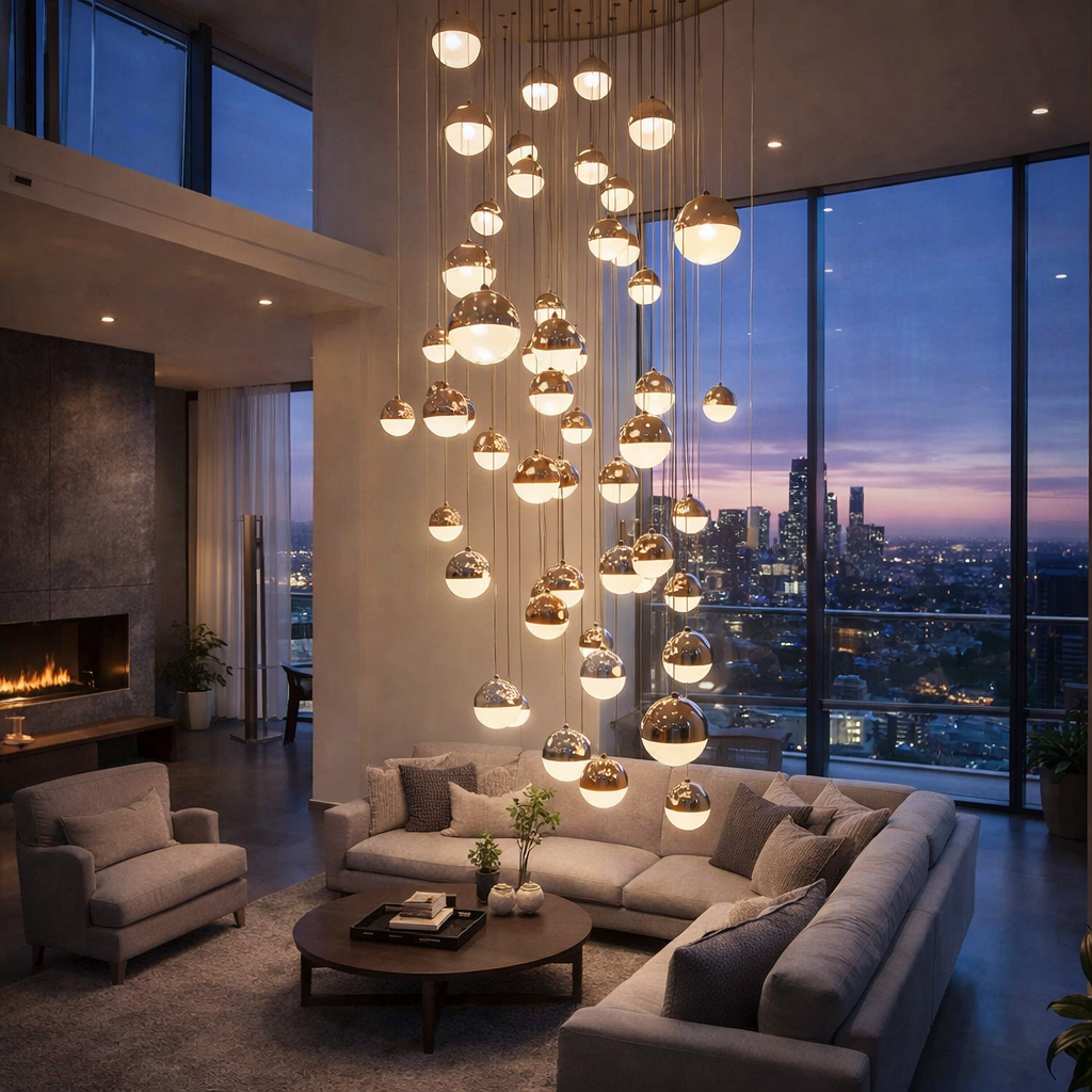 Hdc 48 Lights Luxury Multi-Drop Globe LED Chandelier Double-Height Living & Staircase Area