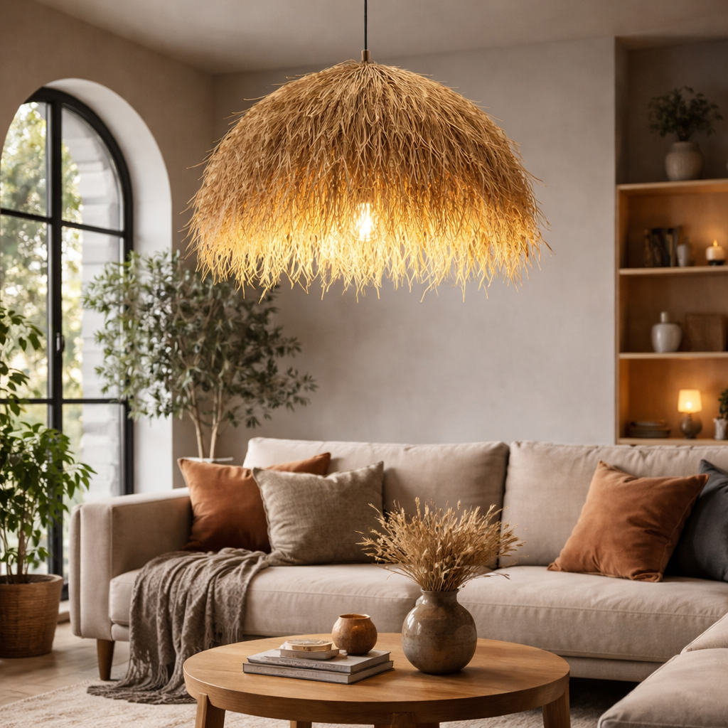 HDC Handmade Natural Fiber Sculptural Hanging Ceiling Pendant Light for Living Room, Dining & Bedroom