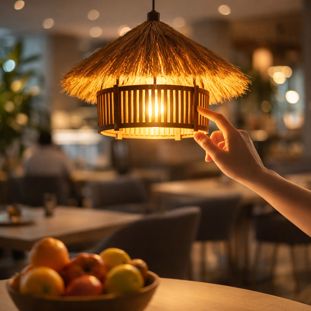 HDC Handcrafted Natural Cane & Jute Boho Ceiling Pendant Light for Café Décor