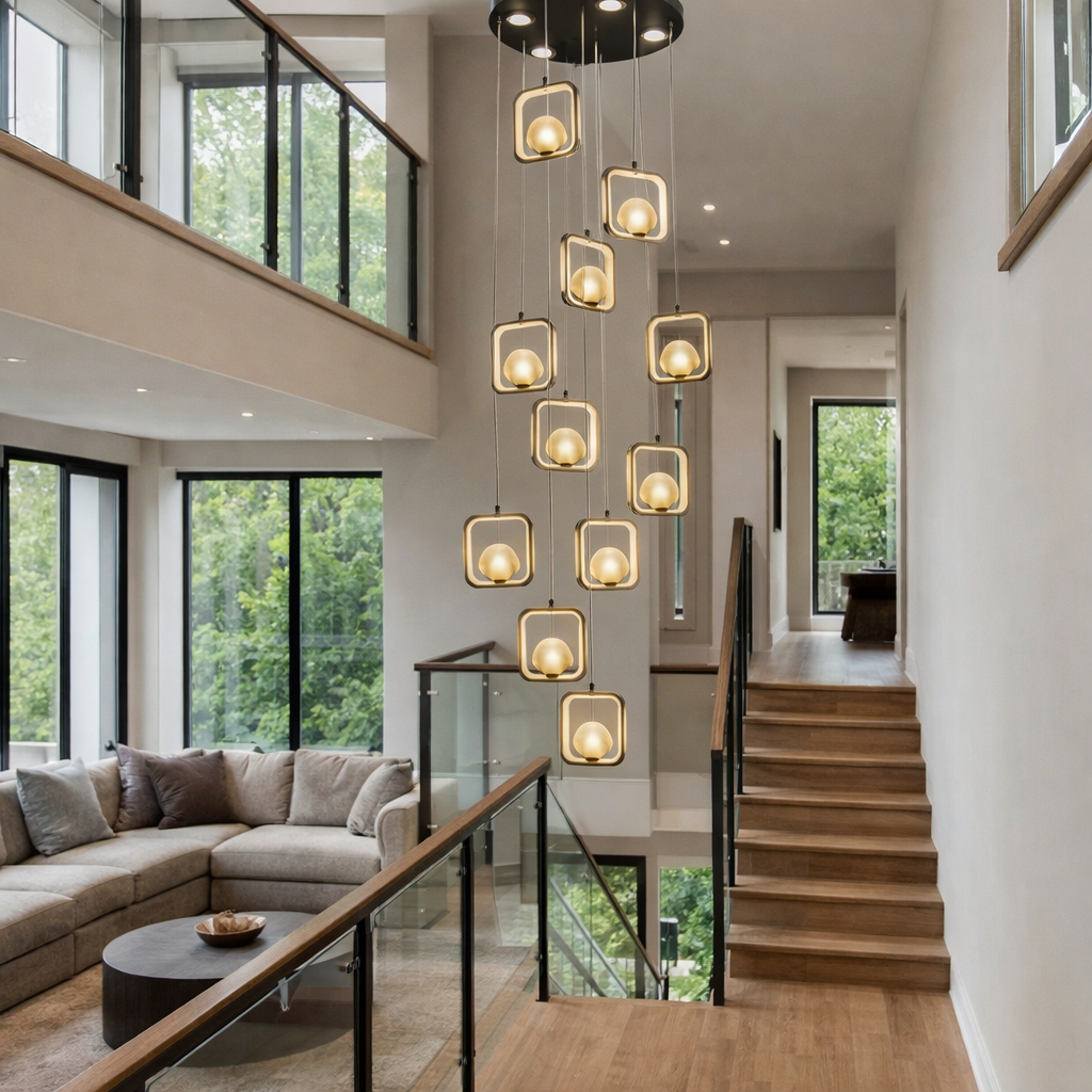 HDC 21 Lights Modern Multi-Drop Geometric Double Height Chandelier Duplex Stair Chandelier