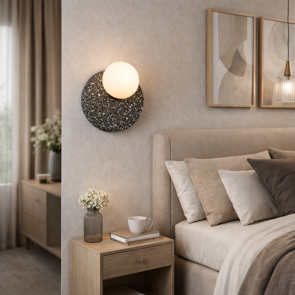 HDC Modern Terrazzo Round Stone Wall Light with Glass Globe For Living Room, Bedroom