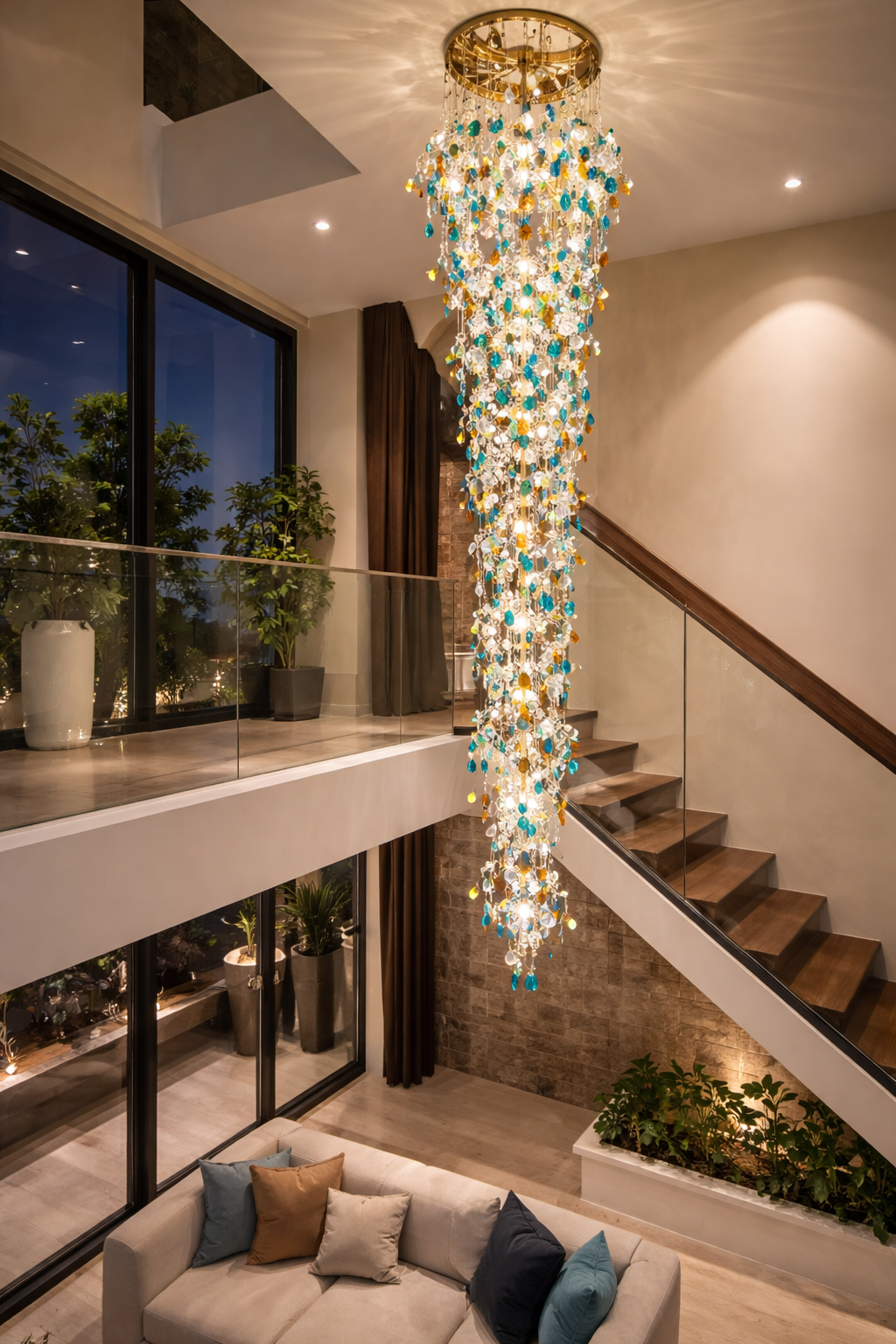 HDC 2200mm Luxury Double Height Staircase Multicolor Crystal Waterfall Chandelier