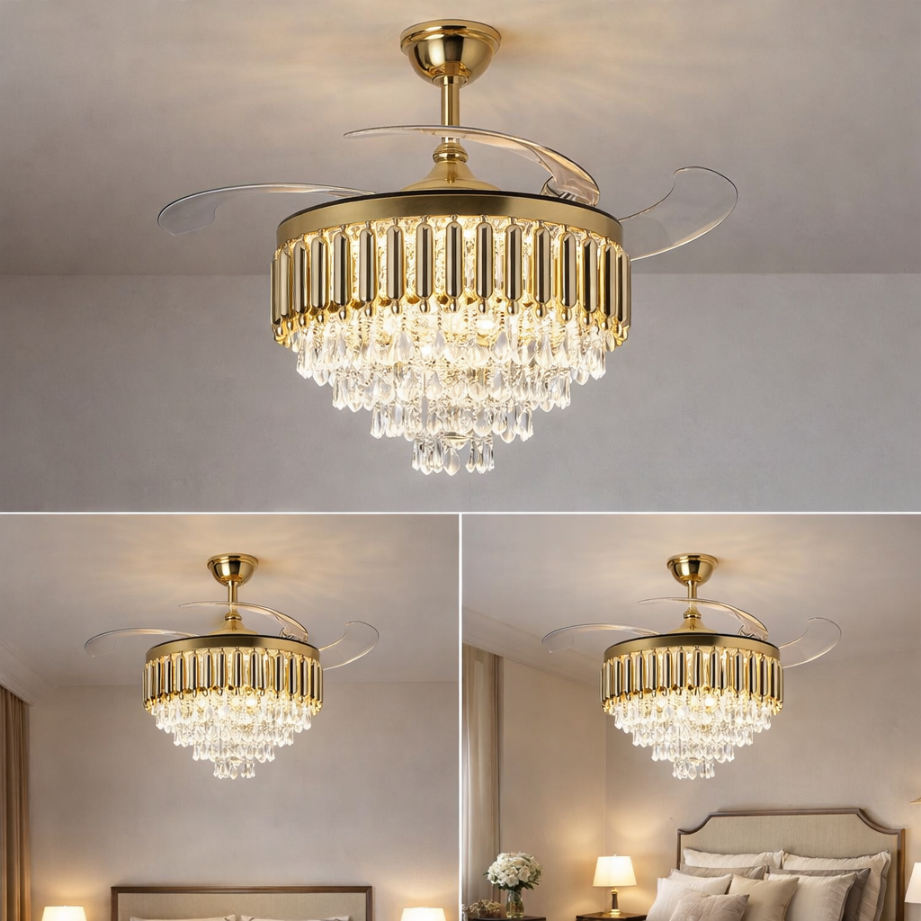 HDC 42" Modern Creative Design Chandelier Ceiling Fan with LED Lighting,Crystal Chandelier Fan Gold Retractable Ceiling Fan Light