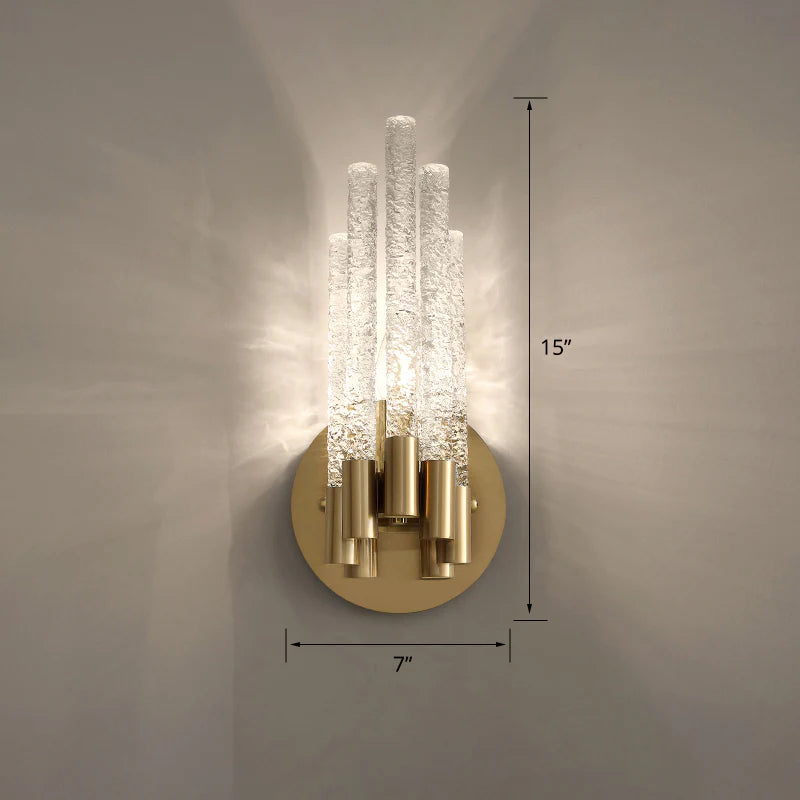 Hdc Tubular Sconce Lighting Simple Style Clear Rippled Crystal 1-Head Bedroom Wall Light in Brass