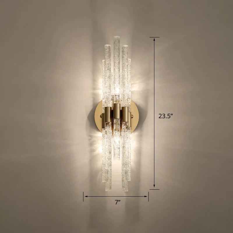 Hdc Tubular Sconce Lighting Simple Style Clear Rippled Crystal 2-Head Bedroom Wall Light in Brass