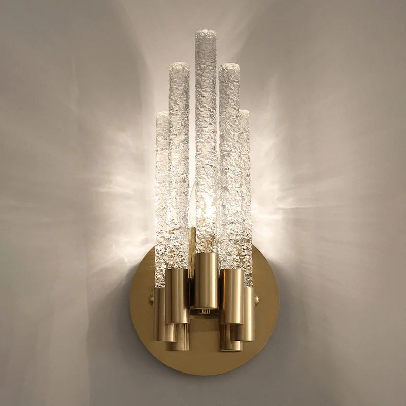 Hdc Tubular Sconce Lighting Simple Style Clear Rippled Crystal 1-Head Bedroom Wall Light in Brass