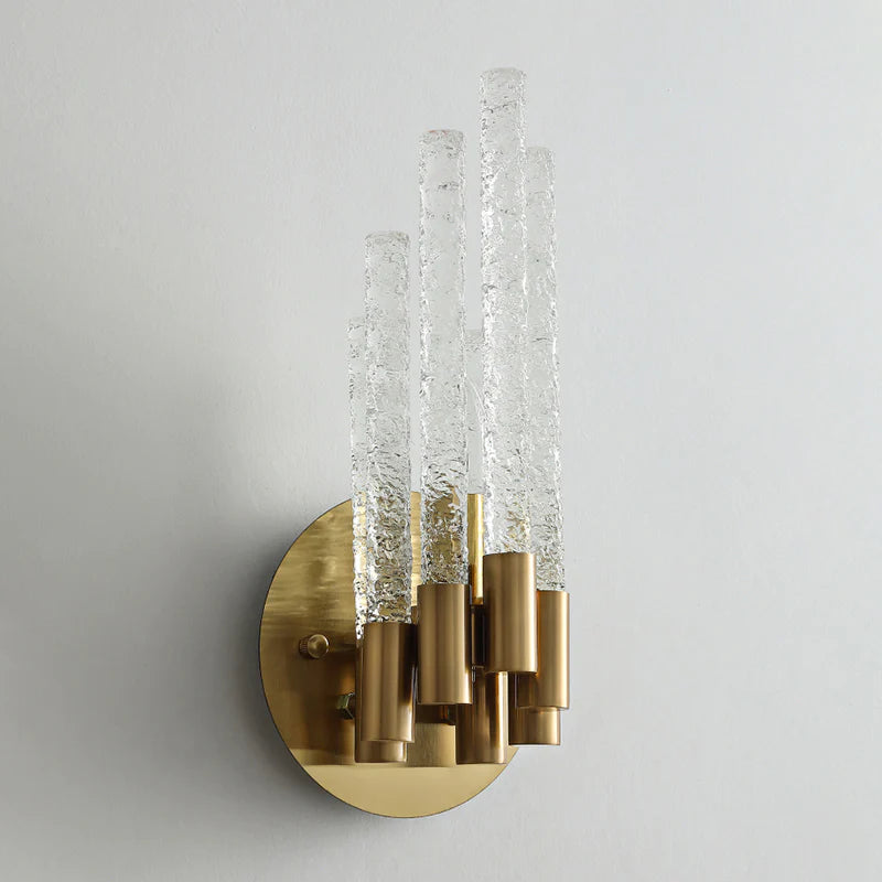 Hdc Tubular Sconce Lighting Simple Style Clear Rippled Crystal 1-Head Bedroom Wall Light in Brass