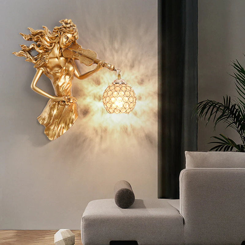 Hdc Violin Lady Wall Lamp Art Led European Creative Wall Lamp Bedroom Bedside Lamp - Gold